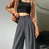 Calça Cinza de Cintura Alta com Fivela Dupla de Perna Larga Feminina Primavera e Outono Solta Emagrecedora Reta Calça Casual Dose