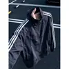 Chaqueta de rayas estilo americano azul marino, corte holgado, moda de otoño para hombre, cuello alto, chaqueta de piloto, color liso, versátil