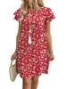 Estilo Europeu Americano Verão Novo Manga Franzida Casual Moda Estampa Bolso Gola Redonda Vestido Férias Mulher