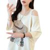 Camiseta Corta de Hombros Descubiertos Estampada Personalizada para Mujer Verano 2025 Nueva Holgada con Efecto Adelgazante de Longitud Media que Cubre la Piel