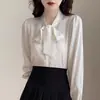 Camisa Azul con Lazo Diseño Femenino Sentido Profesional Temperamento Camisa Top de Satén Atado