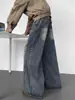 Calça jeans masculina estilo americano com patchwork e barra curva, para primavera e outono, calça comprida casual de alta qualidade, marca trendy de high street, calça larga solta