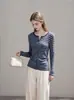 Blusa de tricô listrada com blocos de cor retrô estilo francês, decote V, manga longa, um novo design justo e valorizador para mulheres, perfeita para o início do outono, estilo 25760