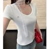Foto Real # Camiseta de Manga Corta con Hombro Derecho Descubierto para Mujer 2025 Verano Nuevo Estilo Diseño de Empalme de Encaje Nicho Top de Media Manga
