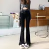 Jeans acampanados de cintura alta para mujer, denim elástico ajustado primavera/verano, estilo coreano, talla petite, negro, modelo nuevo