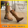 Botas Altas Estilo Coreano Hebilla Retro para Mujer Pantorrilla Ancha 2026 Primavera/Otoño Nuevas Botas de Pantalón Punta Redonda Botas Arrugadas Botas de Suela Gruesa