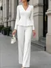 Conjunto Profesional de Mujer Otoño/Invierno 2026: Top de Cuello V con Botones y Cintura Ajustada y Pantalones Rectos Ajustados de Color Sólido para el Trabajo