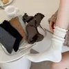 Calcetines de punto sin costuras estilo coreano para mujer a principios de otoño, calcetines simples de algodón con encaje hueco estilo JK y borde de burbuja, calcetines holgados de color liso