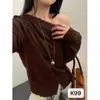 Estilo Coreano Atmósfera Elegante Hombro Asimétrico Inclinado Manga Larga Tejido de Punto Mujer Delgado Hombros Descubiertos Solapa Top Tejido de Lana