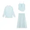 Conjunto de Tres Piezas de Encaje Fresco y Dulce con Rayas Verticales Verano Talla Extra para Mujer Conjunto Holgado Adelgazante 88028
