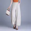 Calça Casual Versátil de Rami e Tencel para Mulheres, Calça Cropped Solta Retro de Verão 2026, Calça Harem Fina Elástica
