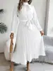 Amazon Transfronterizo Primavera y Otoño Nueva Ropa de Mujer Color Sólido Cuello Alto Manga Larga Cintura Plisada Ceñidor Elegante Vestido