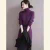 Vestido suéter de punto de alta gama coreano minimalista elegante para mujer, de cuello alto, estilo OL, hasta la rodilla, para otoño e invierno, con cinturón