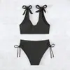 2026 Nuevo Bikini de Dos Piezas de Color Sólido con Cuello en V Transfronterizo Amazon de Cintura Alta Sexy de Moda para Manantial Caliente para Mujeres