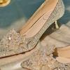 Sapatos de casamento de cristal femininos 2025, novo vestido de noiva Xiuhe, sapatos de noiva champanhe, salto fino e alto