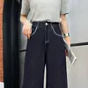 Calça Jeans Wide Leg Bordada Azul Denim para Mulheres 2026 Cintura Alta Comprimento Total Modeladora e Moldadora para Figuras Baixas Calça Longa