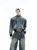 Traje de mezclilla de estilo americano de calle con cuello alto y dobladillo acanalado para hombre, chaqueta con un toque de alta gama y pantalones de longitud completa, moderno conjunto de dos piezas