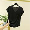 Camiseta feminina de verão, folgada, com decote em V e bolso, manga curta, fina, para uso único, slim fit, cor sólida, base interna