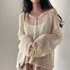 1688Chic Verão Francês Retrô Estilo Preguiçoso Solta Manga Longa Vazada Fina Tricô Proteção Solar Blusa Top para Mulheres