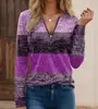 Camiseta de mujer para primavera y verano 2024, popular en Amazon Europa y América, con cuello en V, cremallera, costuras, manga larga, estampada con flor ardiente
