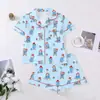 Novos Pijamas Femininos de Comércio Exterior Transfronteiriço com Golas Estampadas, Mangas Curtas, Shorts, Roupas de Casa Estilo Europeu e Americano, Cardigan, Soltos e Confortáveis