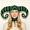Chapéu de palhaço espiral listrado de preto e verde com zíper e chifres, Chapéu de festa cosplay de fantasia sombria para Halloween