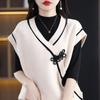 Guofeng 2024 Primavera Colete de Cashmere Gola V Feminino Estilo Étnico Fivela Estilo Suave Pulôver Sem Mangas Colete Malha