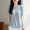 Tricô de Linho Tencel Novo Primavera/Verão 2026 Gola Redonda Manga Curta Cor Sólida Vazado Camiseta Top