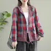 Camisa a Cuadros con Capucha para Mujer Cardigan Casual Retro Artístico