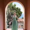 Moda Transfronteiriça 2025 Novo Vestido Tubinho Estilo Resort à Beira-Mar Cor Verde Menta com Cintura e Design Ombro a Ombro Saia Longa Comércio Exterior