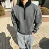 Moletom estilo americano com meio zíper, blocos de cor, gola alta, marca da moda de outono, resistente, modelagem solta, casual, versátil, com design único