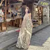 Vestido Suspensório Longo Estampado Estilo Boêmio com Contraste e Contas Decote V Feminino Solto