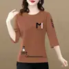 E-commerce Transfronteiriço Moda para Mães Camiseta Top para Mulheres de Meia-idade e Idosas Gola Redonda Versátil Camada Base Manga Sete-Quartos Tamanho Plus