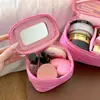 Bolsa de Cosméticos Rayada Rosa, Gran Capacidad, Neceser de Viaje Portátil para Mujeres, con Espejo, para Retoques de Maquillaje, Bolsa Portátil para Guardar Cosméticos