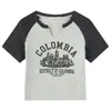 Camiseta de Manga Corta con Cuello en V Descuento de Liquidación para Mujer Diseño de Hombro Adelgazante Sentido del Diseño Letras Nicho Estampado Top Corto para Verano