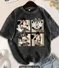 Camiseta de Manga Corta de Algodón 100% Lavada Negra Estilo Dibujos Animados Americanos Verano Nueva Moda Dulce Estampada Versátil