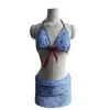Estilo Japonés y Coreano Cuadros Azules Lazo Correa Pecho Pequeña Bikini Conjunto de Dos Piezas Falda Atuendo Sexy para Chicas Calientes