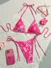 2026 Roupa de Banho Biquíni de Renda com Cadarço Cintura Alta Estampada Flor de Hibisco Sexy Estampada Moda Europeia e Americana para Mulheres
