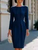 Vestido feminino europeu e americano transfronteiriço Amazon com gola redonda, plissado, manga longa, acinturado, slim fit, comprimento médio, para o trabalho