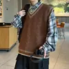 Chaleco suéter de punto trenzado con bloques de color y cuello en V estilo academia para hombres y mujeres, chaleco de punto de moda suelto para otoño e invierno