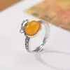 Anillo de Ámbar de Plata de Ley S925 Yilu Mantra de Seis Palabras Nuevo Estilo Chino Bolsa de la Suerte Bolsa de Dinero Anillo Abierto Vintage