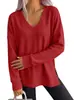 Amazon Comercio Exterior Transfronterizo Otoño/Invierno 2026 Nueva Camiseta de Waffle de Color Sólido con Cuello en V Holgada de Manga Larga con Abertura para Mujer