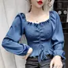 Camisa larga de manga larga con cordón para mujer 2023 diseño de hombros descubiertos adelgazante versátil top corto moderno con volantes