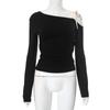 Jersey Europeo y Americano Transfronterizo para Mujer Otoño e Invierno Cuello Inclinado con Lazo Hombro Descubierto Color Puro Sencillo Top Corto Camiseta 2025