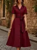 Vestido Elegante Francês 2026 Transfronteiriço Europeu e Americano Amazon Poá Decote V Botões Amarração na Cintura Drapê Ajuste na Cintura