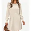 Moda Europeia e Americana Vestido Feminino Tricô Manga Bufante Manga Longa Outono Inverno Gola Redonda Casual Solto com Bolsos