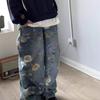 Jeans Americano Retrô Original Estampado Floral Perna Larga Cintura Alta Design Nicho Calças Retas Transfronteiriço