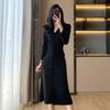 Francês Hepburn estilo elegante com decote em V mid-length moda vestido de malha transfronteiriça roupas femininas outono novo vestido de camisola