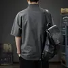 Camisa Polo Vintage con Textura para Hombre, Manga Corta, Cuello Alto, Corte Holgado, Delgada, Transpirable, Estilo Americano, Manga Media, Verano 2025