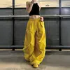 Pantalones anchos estilo ropa de trabajo color amarillo dopamina para mujer, pantalones holgados para danza jazz, pantalones de paracaidista, cintura elástica con cordón, pantalones casuales